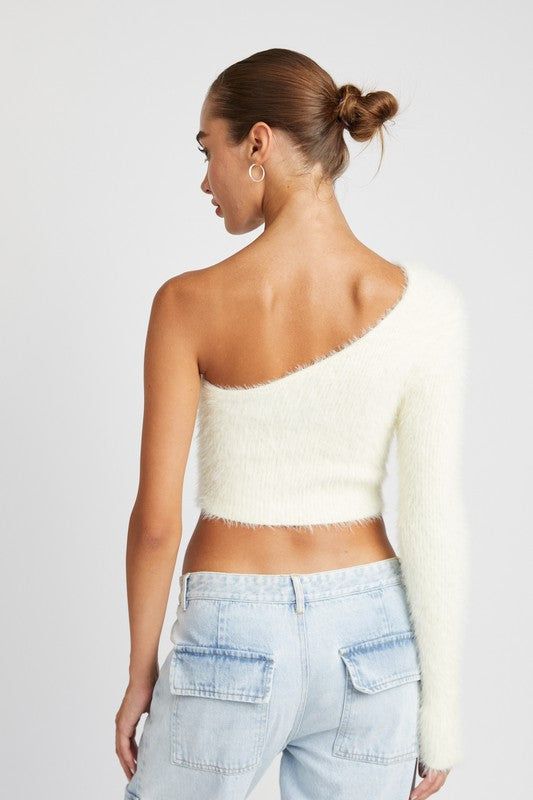 Women's One Shoulder Fluffy Sweater Top - us.meeeshop