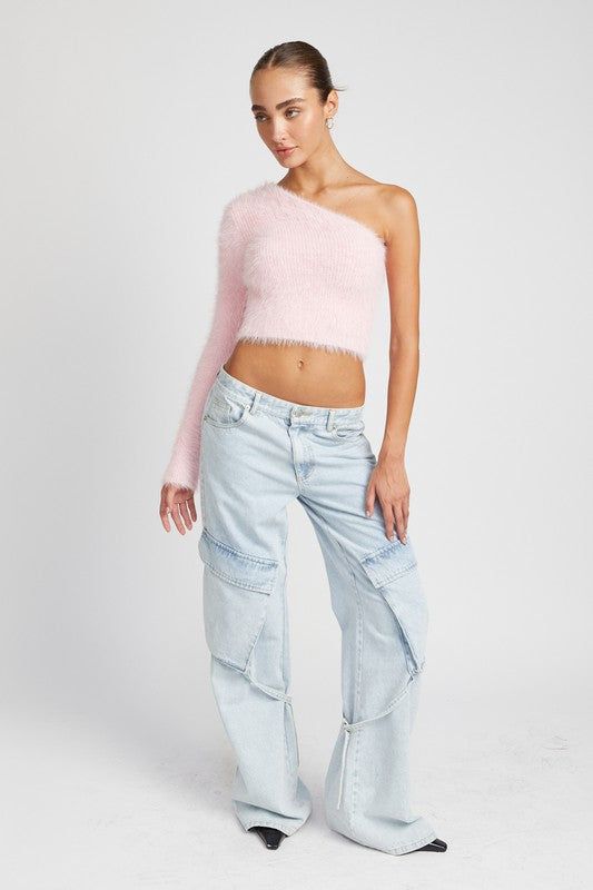 Women's One Shoulder Fluffy Sweater Top - us.meeeshop