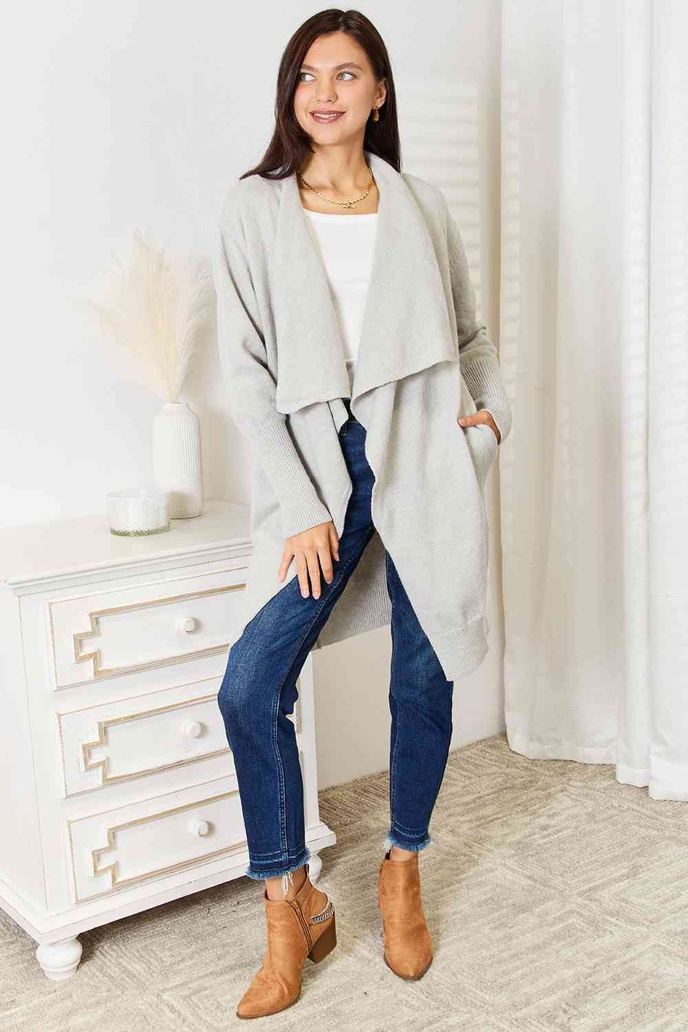 Open Front Duster Cardigan with Pockets us.meeeshop - 