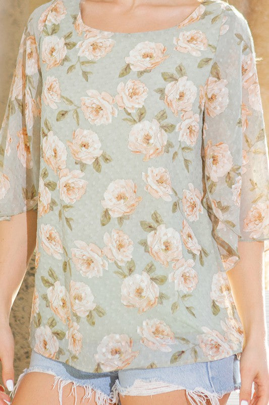 Orange Farm Clothing | Swiss Dot Floral Print Split Sleeve Blouse | us.meeeshop