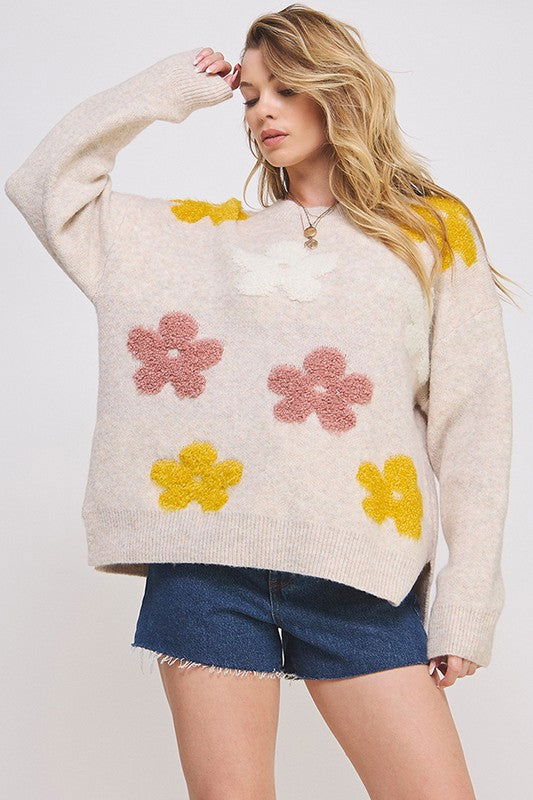 Oversized Long Sleeve Floral Graphic Knit Sweater us.meeeshop - Shirts & Tops