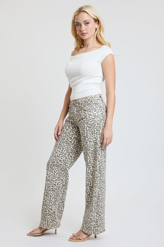 YMI Women's Britney Leopard Wide Leg Jeans