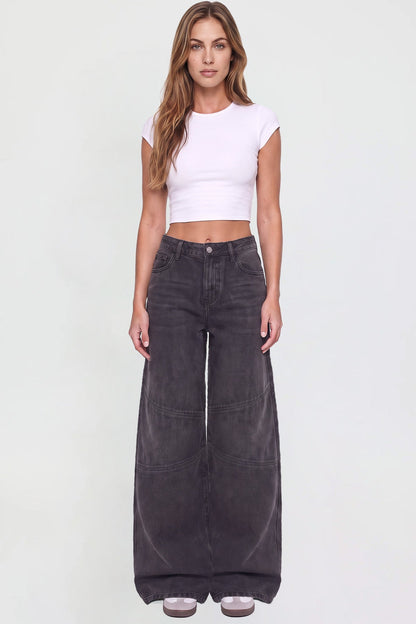 Ymi Women's Moto Relaxed Rise Baggy Barrel Jeans with Seam Detail