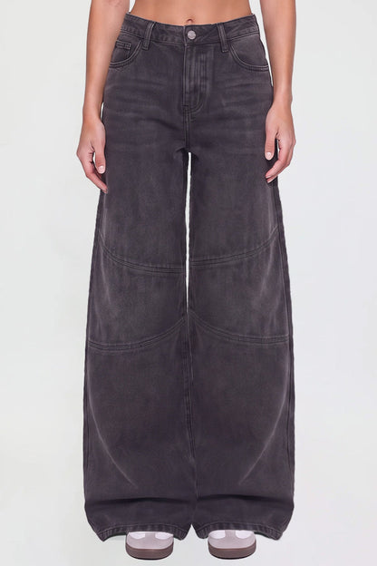 Ymi Women's Moto Relaxed Rise Baggy Barrel Jeans with Seam Detail
