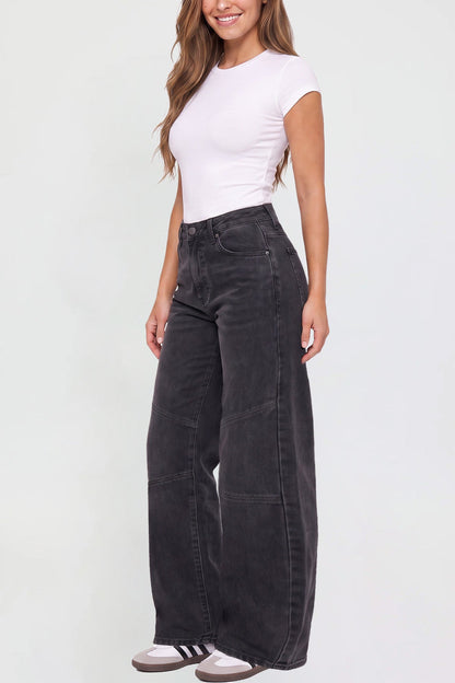 Ymi Women's Moto Relaxed Rise Baggy Barrel Jeans with Seam Detail
