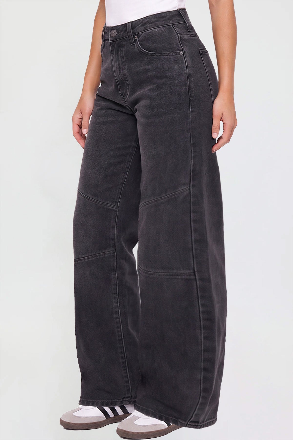 Ymi Women's Moto Relaxed Rise Baggy Barrel Jeans with Seam Detail