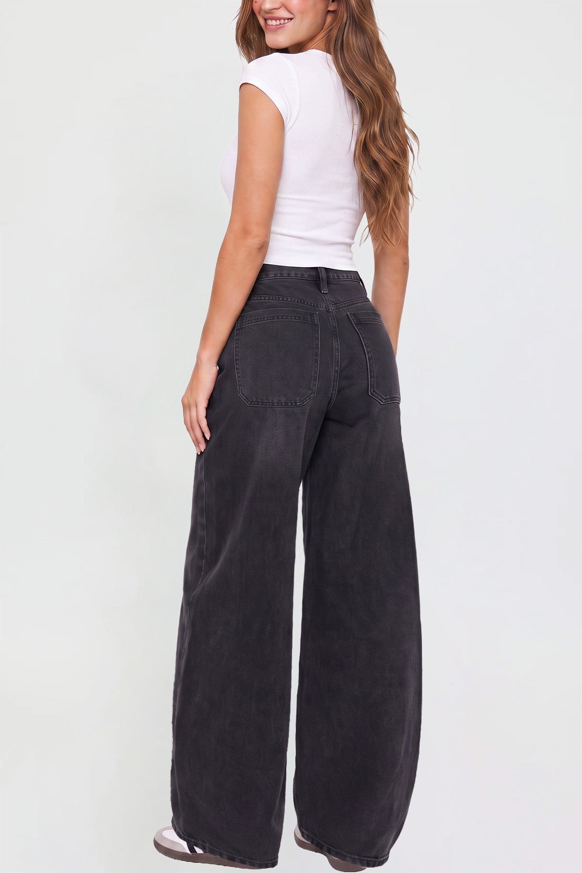 Ymi Women's Moto Relaxed Rise Baggy Barrel Jeans with Seam Detail
