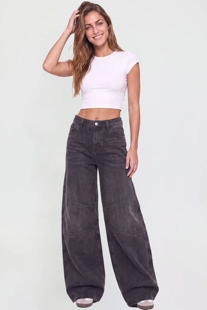 Ymi Women's Moto Relaxed Rise Baggy Barrel Jeans with Seam Detail