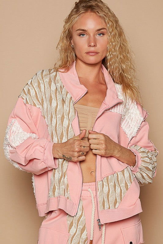 POL Applique Patchwork Zip Up Jacket In Pink us.meeeshop - Coats & Jackets