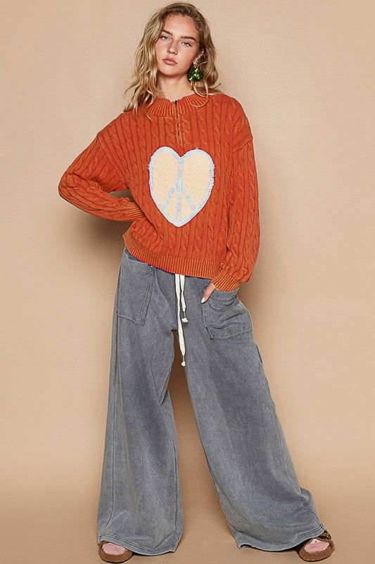 POL Cable-Knit Peace Patch Dropped Shoulder Sweater - Orange-Red us.meeeshop - 