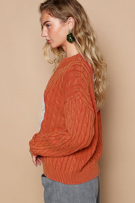 POL Cable-Knit Peace Patch Dropped Shoulder Sweater - Orange-Red us.meeeshop - 