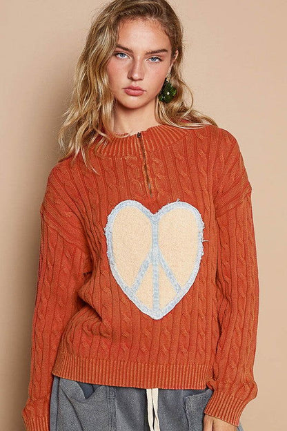 POL Cable-Knit Peace Patch Dropped Shoulder Sweater - Orange-Red us.meeeshop - Shirts & Tops