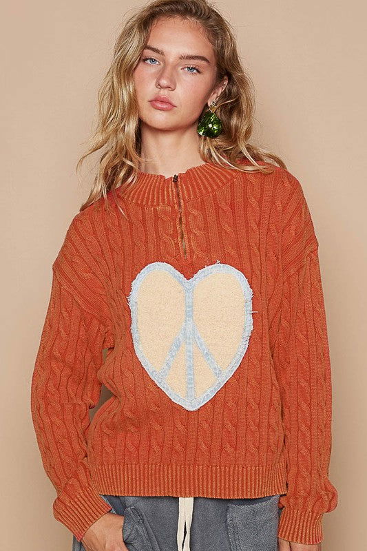 POL Cable-Knit Peace Patch Dropped Shoulder Sweater - Orange-Red us.meeeshop - 