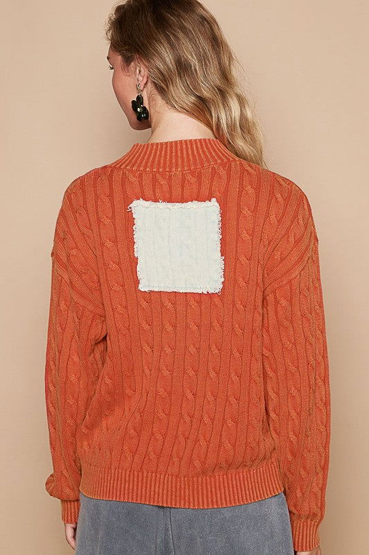 POL Cable-Knit Peace Patch Dropped Shoulder Sweater - Orange-Red us.meeeshop - 