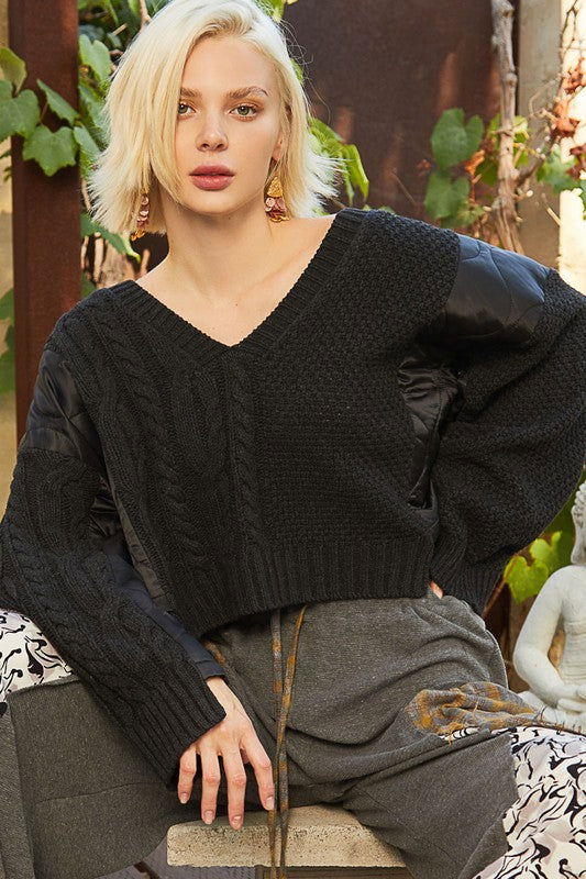 POL Cable Knit Quilting Patch V-Neck Sweater us.meeeshop - Shirts & Tops