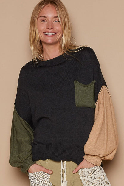 POL Color Block Roll Hem Hacci Sweater In Black us.meeeshop - Shirts & Tops