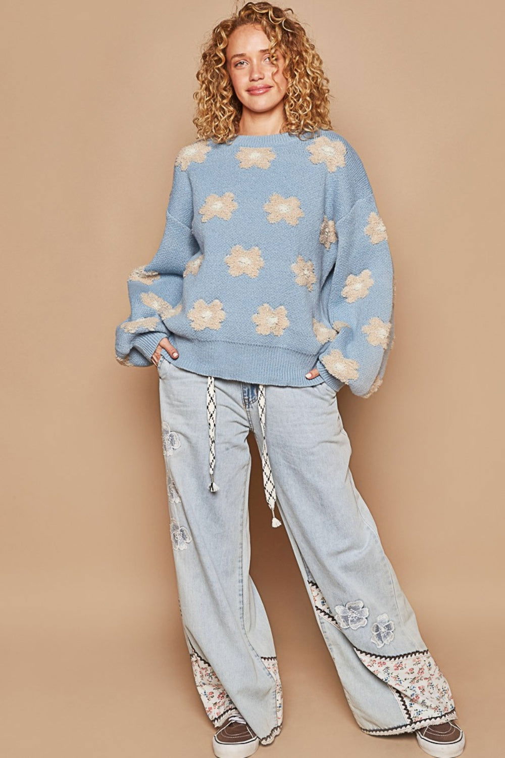 POL Daisy Pattern Drop Shoulder Sweater us.meeeshop - 