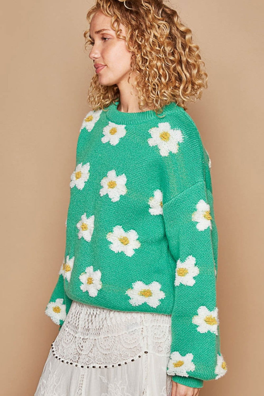 POL Daisy Pattern Drop Shoulder Sweater us.meeeshop - 