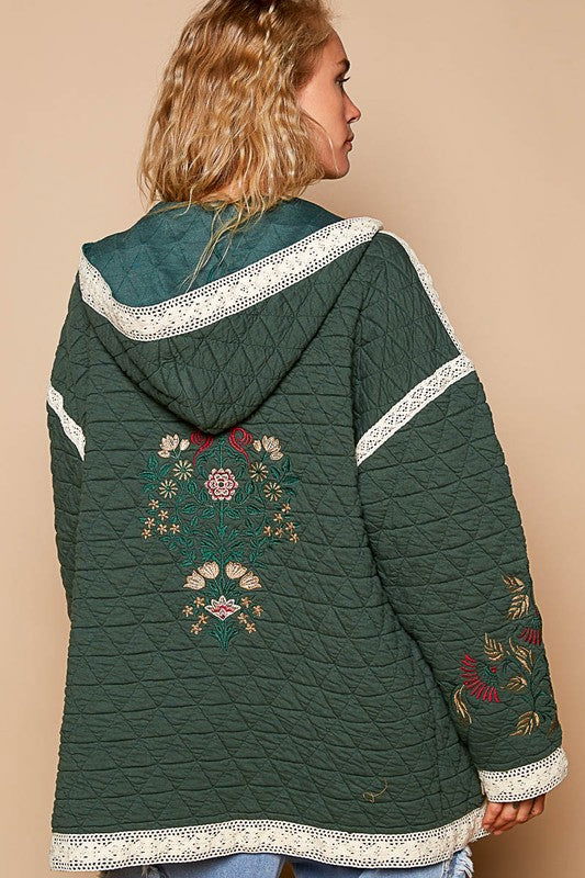 POL Embroidered Open Front Quilted Jacket with Crochet Pockets - Dark Green us.meeeshop - 