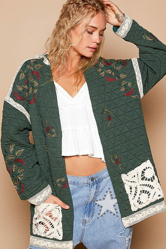 POL Embroidered Open Front Quilted Jacket with Crochet Pockets - Dark Green us.meeeshop - Coats & Jackets