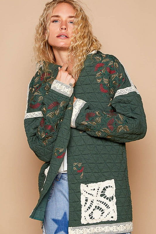 POL Embroidered Open Front Quilted Jacket with Crochet Pockets - Dark Green us.meeeshop - 