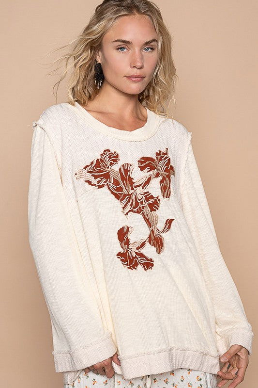 POL Embroidered Round Neck Long Sleeve Knit Top us.meeeshop - Shirts & Tops