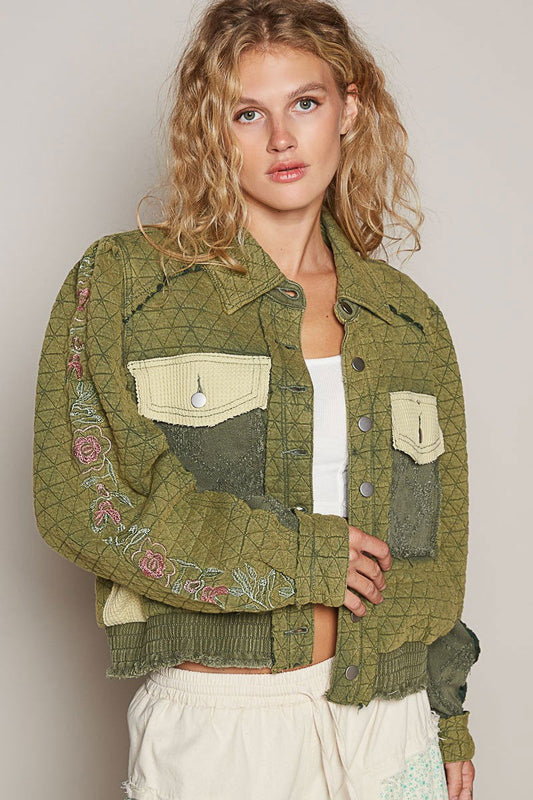 POL Embroidered Sleeve Raw Edge Quilted Jacket us.meeeshop - Coats & Jackets