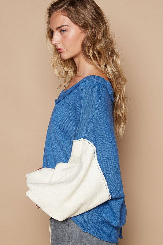 POL Exposed Seam Contrast V-Neck Lantern Sleeve Sweater us.meeeshop - 