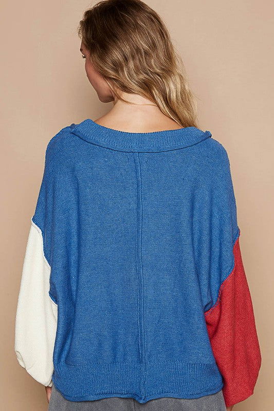 POL Exposed Seam Contrast V-Neck Lantern Sleeve Sweater us.meeeshop - 