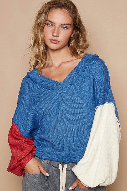 POL Exposed Seam Contrast V-Neck Lantern Sleeve Sweater us.meeeshop - Shirts & Tops