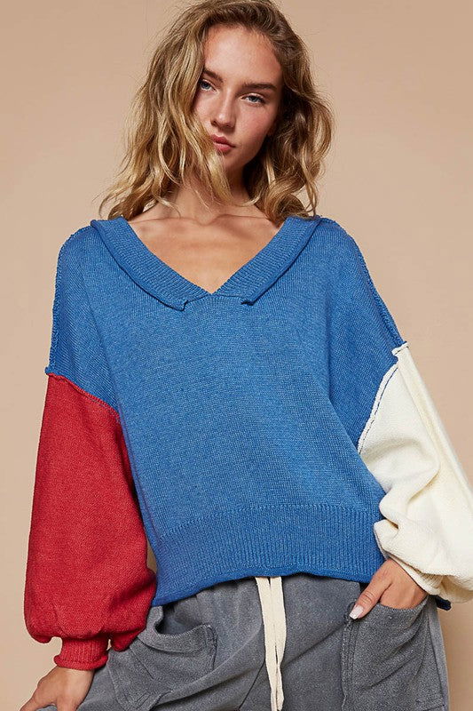 POL Exposed Seam Contrast V-Neck Lantern Sleeve Sweater us.meeeshop - 