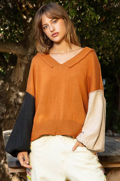 POL Exposed Seam Roll Edge Color Block V Neck Sweater In Pumpkin us.meeeshop - Shirts & Tops