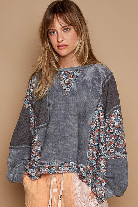 POL Floral Patchwork Round Neck Knit Top - Gray us.meeeshop - Shirts & Tops