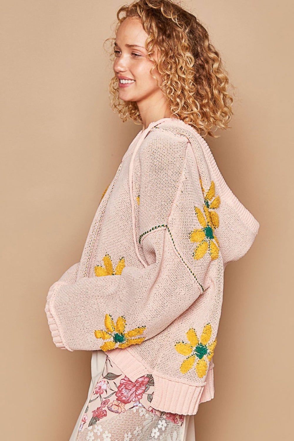 POL Floral Pattern Hooded High-Low Sweater us.meeeshop - 