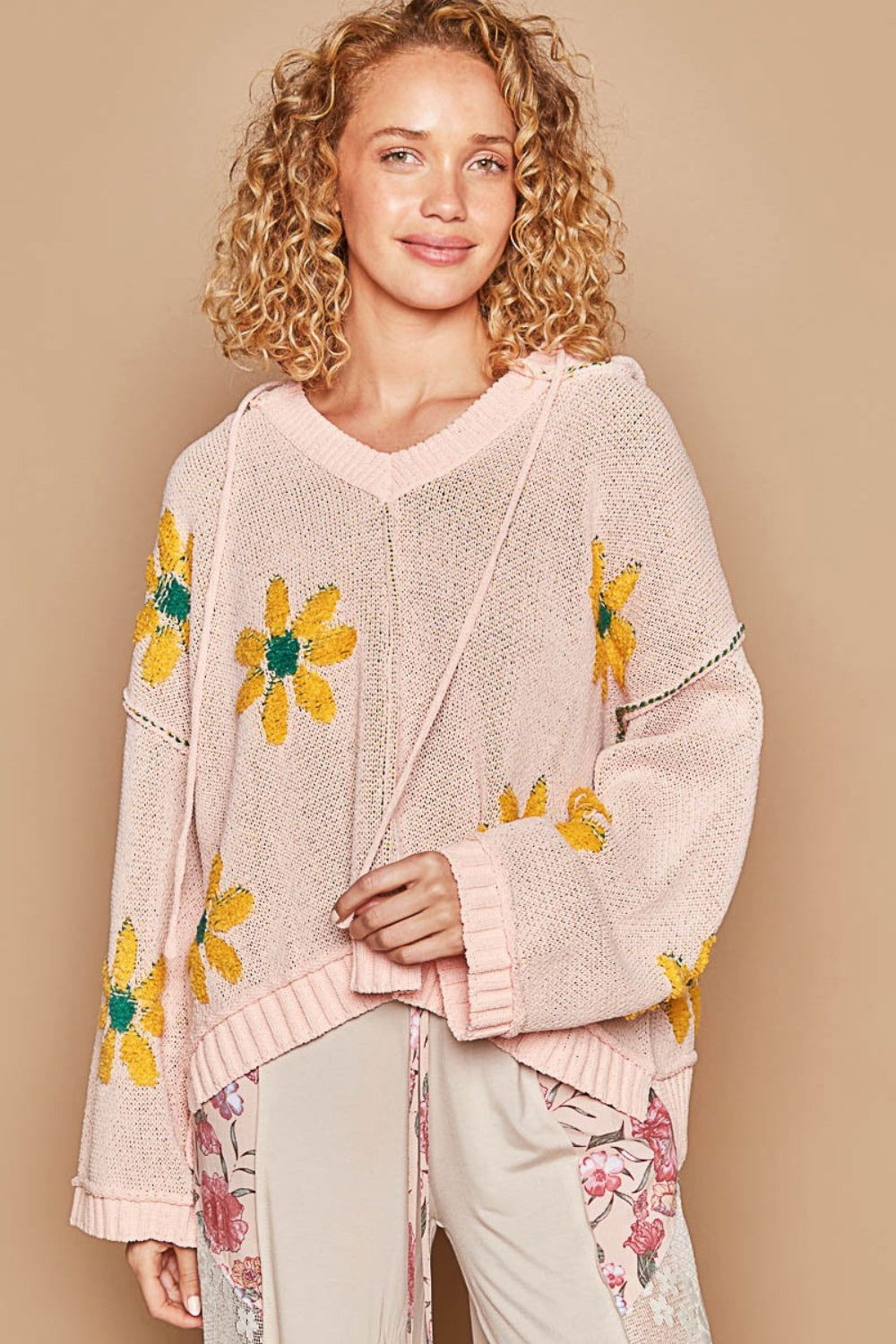 POL Floral Pattern Hooded High-Low Sweater us.meeeshop - Shirts & Tops