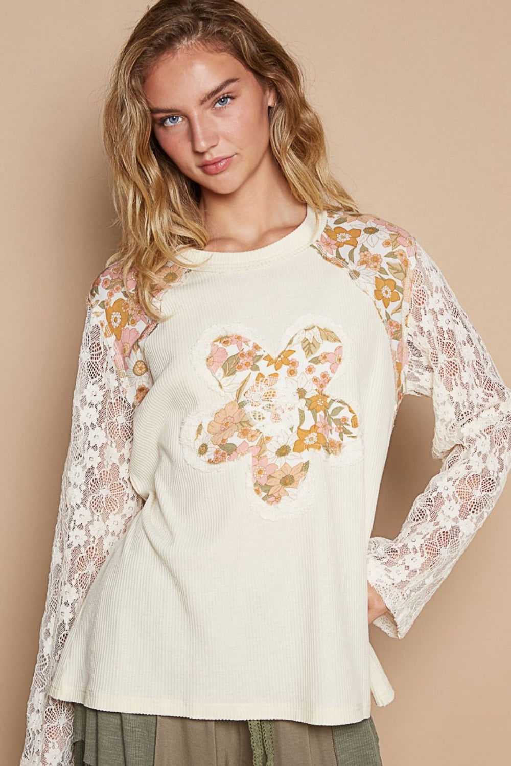 POL Flower Patch Lace Sleeve Knit Top us.meeeshop - Shirts & Tops