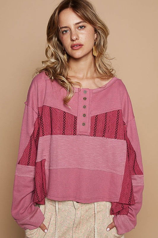 POL Half Button Color Block Drop Shoulder Knit Top - Cerise us.meeeshop - Shirts & Tops