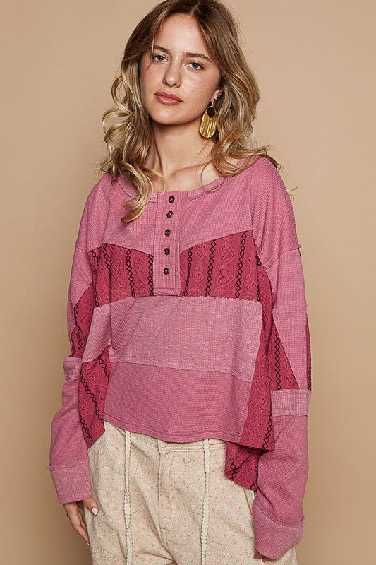 POL Half Button Color Block Drop Shoulder Knit Top - Cerise us.meeeshop - 