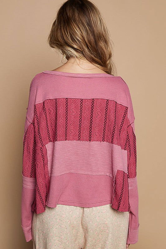 POL Half Button Color Block Drop Shoulder Knit Top - Cerise us.meeeshop - 