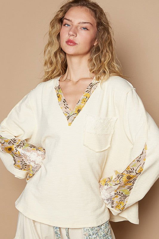 POL Lace Detail Flower Printed V-Neck Knit Top us.meeeshop - Shirts & Tops