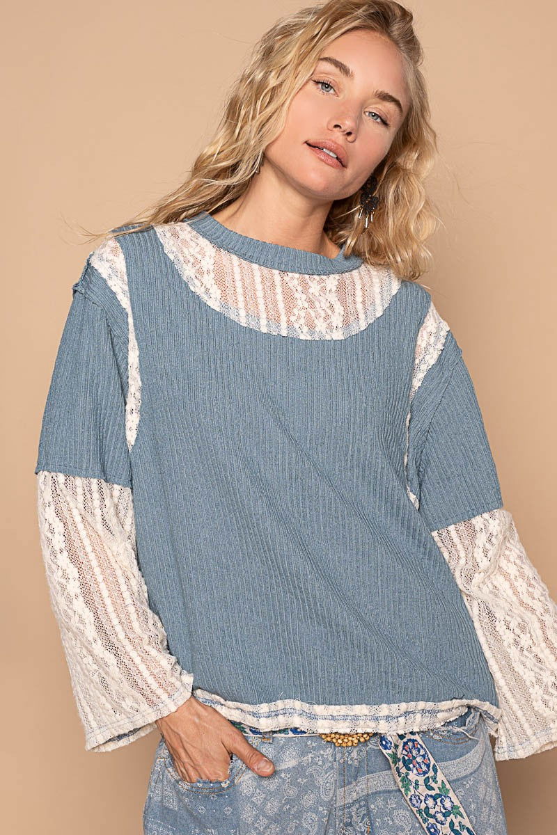 POL Lace Panel Round Neck Long Sleeve Top us.meeeshop - 