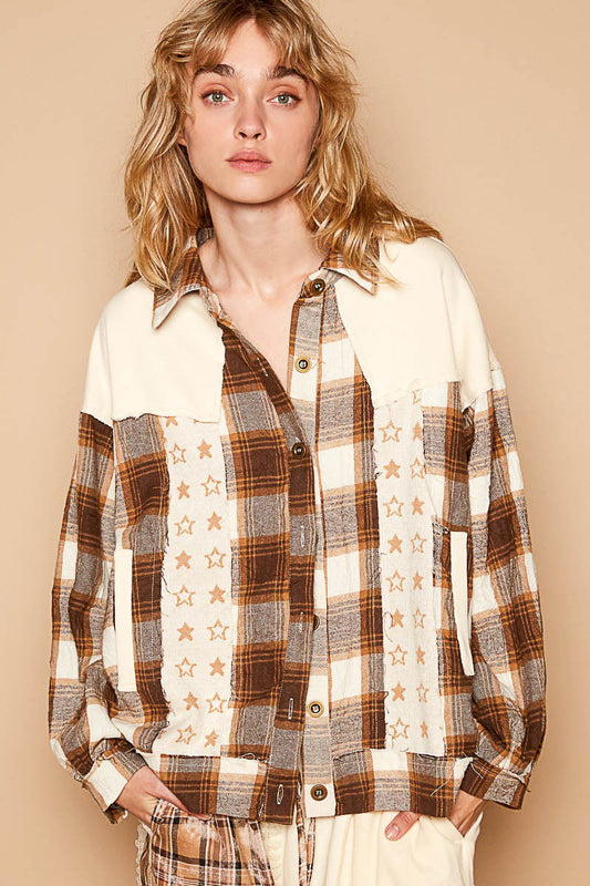 POL Plaid & Star Patchwork Contrast Long Sleeve Shacket us.meeeshop - Coats & Jackets