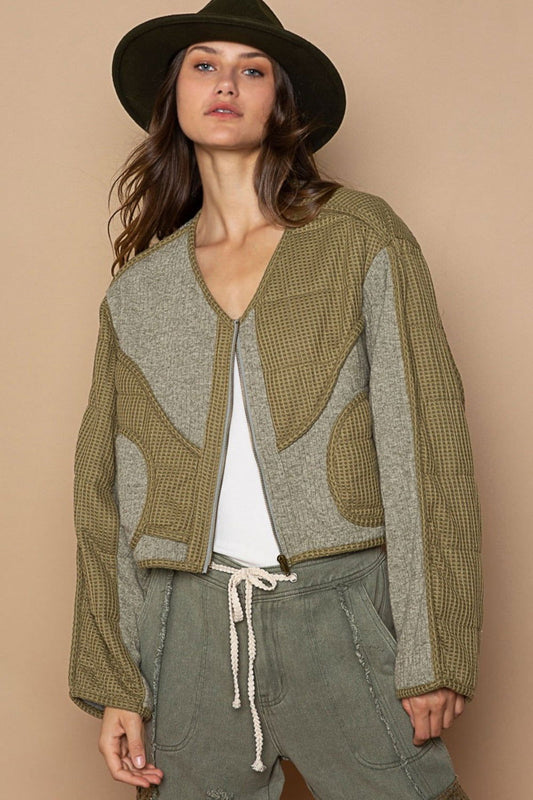 POL Quilted Knit Viding Detail Knit Patch Jacket us.meeeshop - Coats & Jackets