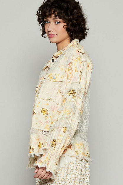 POL Raw Hem Lace Patch Flounce Sleeve Jacket - Yellow us.meeeshop - 