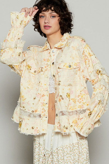 POL Raw Hem Lace Patch Flounce Sleeve Jacket - Yellow us.meeeshop - 