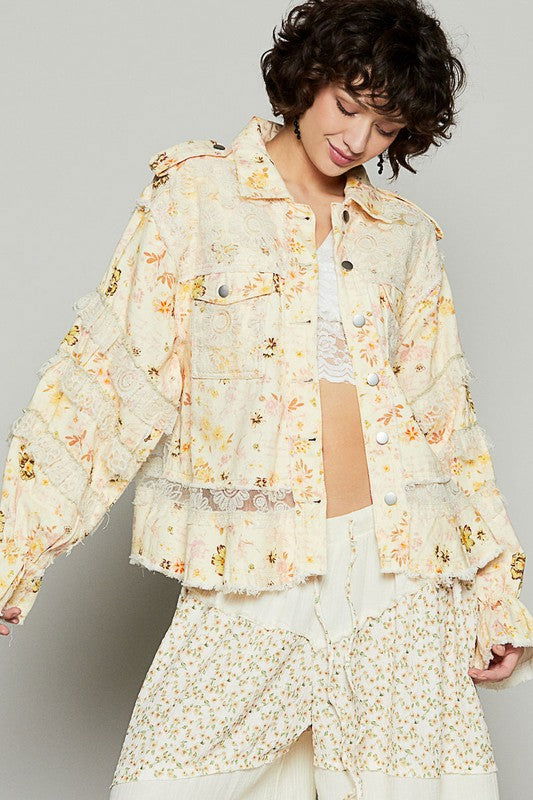 POL Raw Hem Lace Patch Flounce Sleeve Jacket - Yellow us.meeeshop - Coats & Jackets