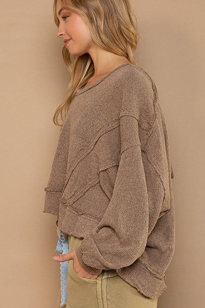 POL Round Neck Balloon Sleeve Hooded Knit Top | us.meeeshop