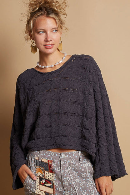 POL Round Neck Cable Knit Cropped Sweater In Charcoal us.meeeshop - Shirts & Tops