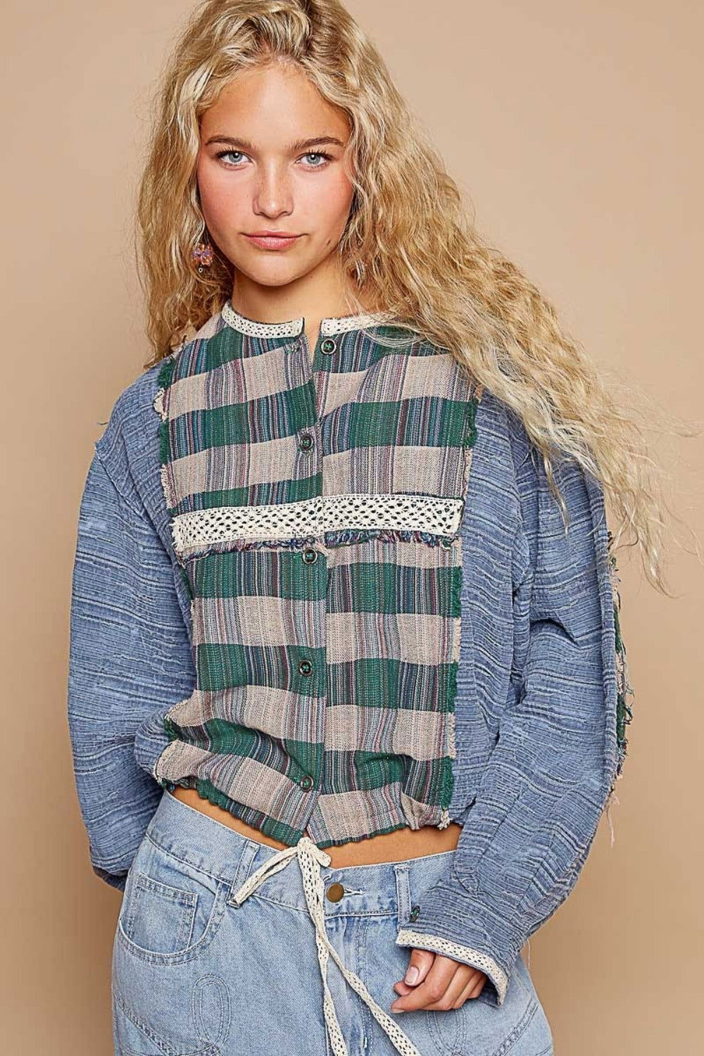 POL Round Neck Long Sleeve Plaid Shirt us.meeeshop - 