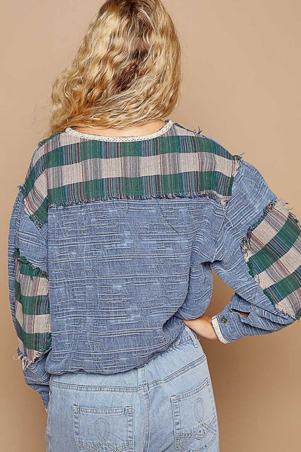 POL Round Neck Long Sleeve Plaid Shirt us.meeeshop - 